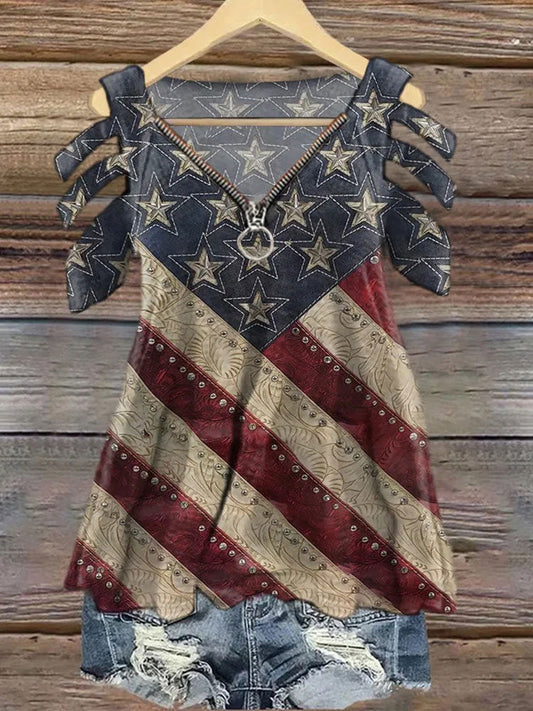 Women’s Independence Day Flag Print V-neck T-shirt As picture / S