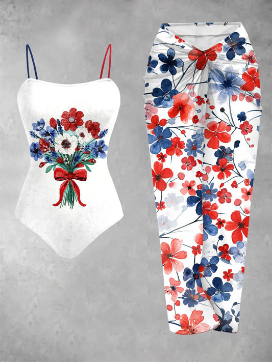 Women’s Independence Day floral-print one-piece swimsuit 2-piece set As picture / S