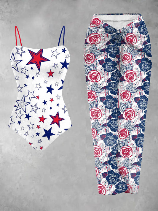 Women’s Independence Day Floral and Pentagram Print One-piece Swimsuit 2-Piece Set As picture / S