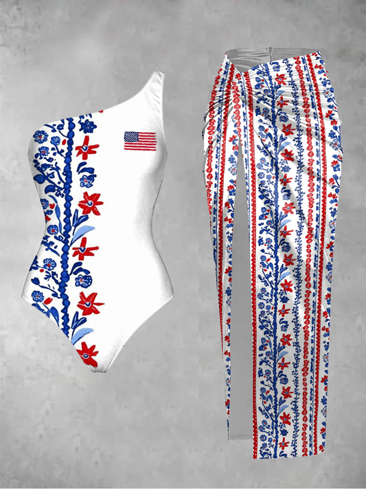 Women’s Independence Day floral-print one-piece swimsuit 2-piece set As picture / S