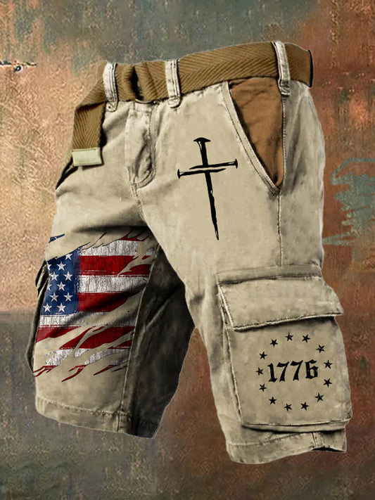 Men’s Independence Day American Flag 1776 Cargo Shorts Khaki / S
