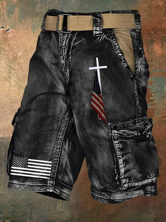 Men’s Faith Cross Flag Printed Pants Shorts Black / S