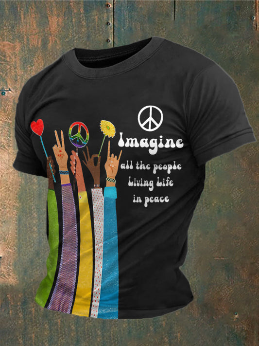 Men’s Retro Music Band Imagine All The People Living Life In Peace Printed T-shirt Black / S
