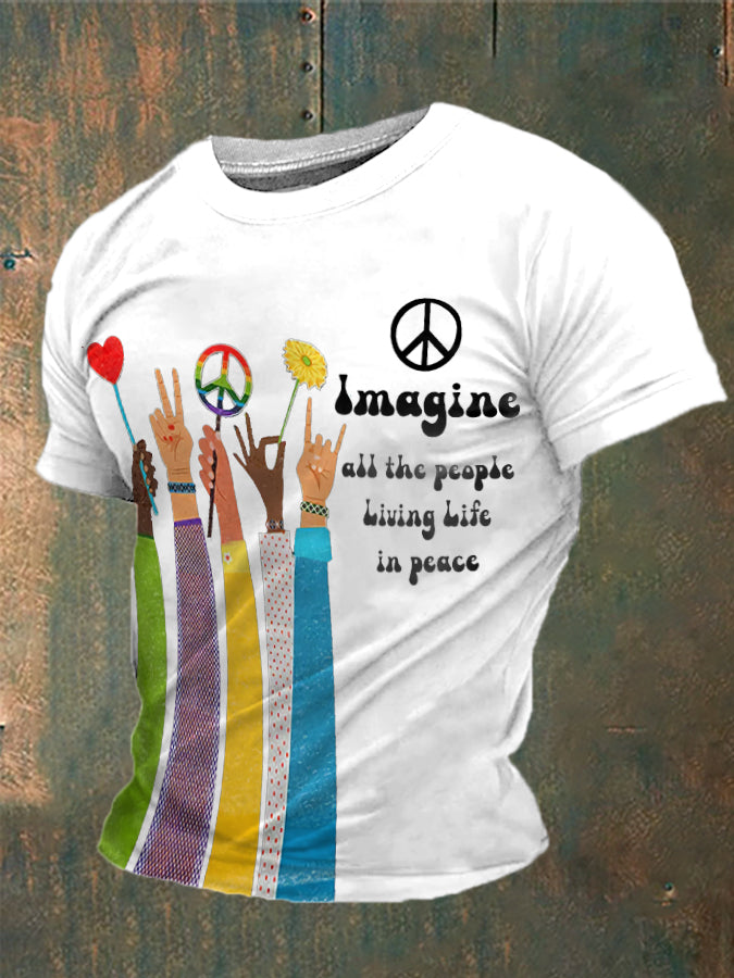Men’s Retro Music Band Imagine All The People Living Life In Peace Printed T-shirt White / S