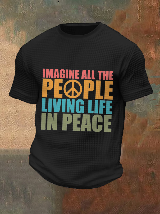 Men’s Retro Music Band Imagine All The People Living Life In Peace Printed Waffle Top Black / S