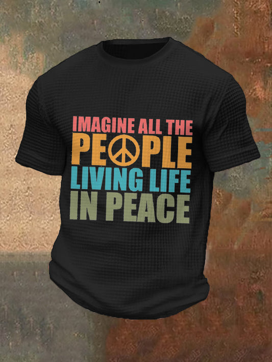 Men’s Retro Music Band Imagine All The People Living Life In Peace Printed Waffle Top Black / S