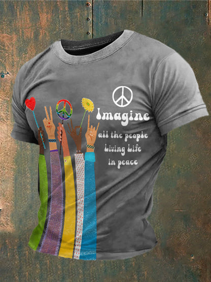 Men’s Retro Music Band Imagine All The People Living Life In Peace Printed T-shirt Light Gray / S