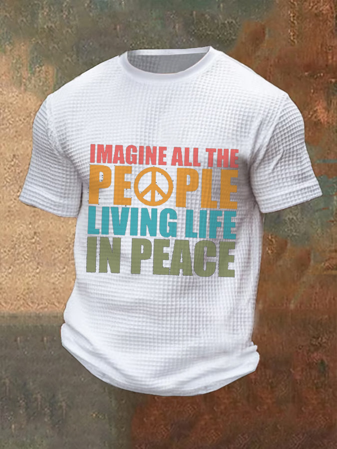 Men’s Retro Music Band Imagine All The People Living Life In Peace Printed Waffle Top White / S