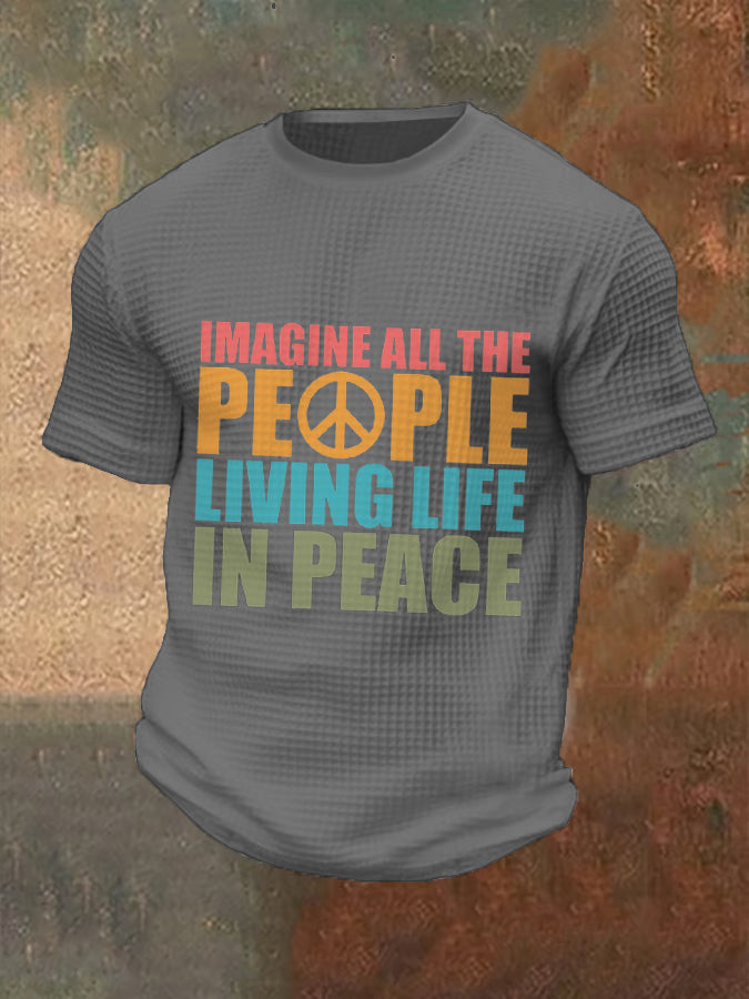 Men’s Retro Music Band Imagine All The People Living Life In Peace Printed Waffle Top Light Gray / S