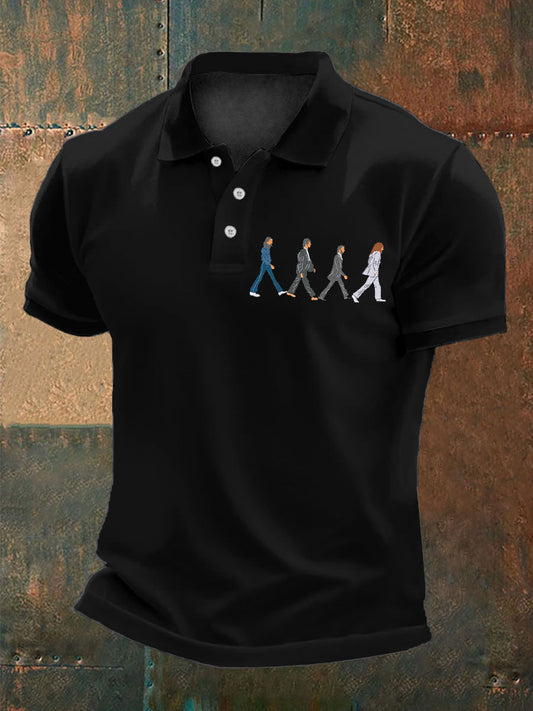 Men’s Retro Music Band Printed Polo Shirt Black / S