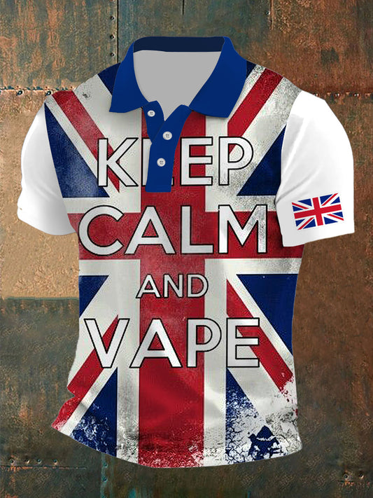 Men’s Keep Calm Print Polo Neck Plunger Short Sleeve T-Shirt White / S