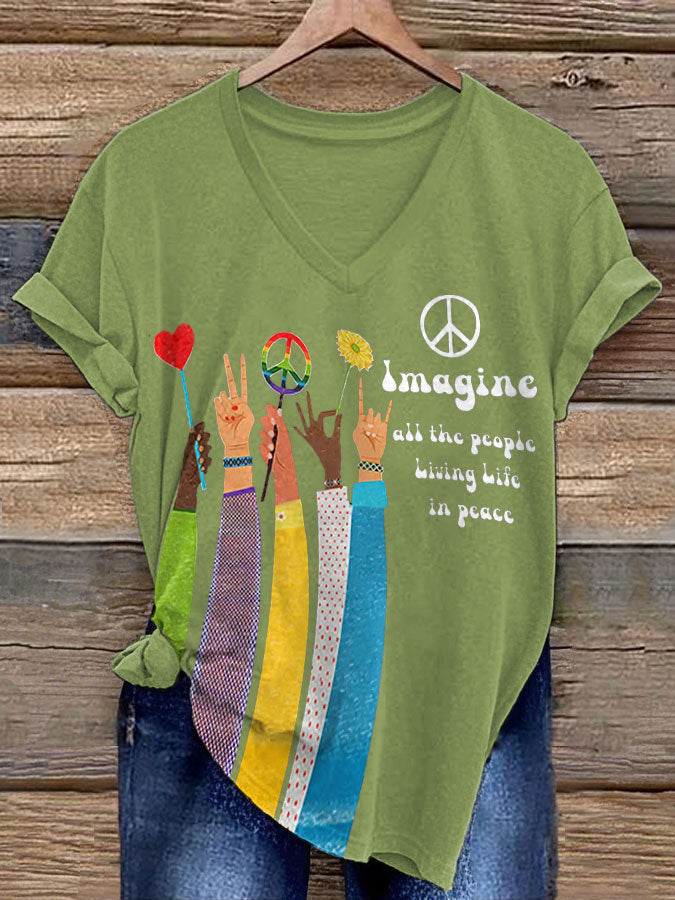 Women’s Retro Music Band Imagine All The People Living Life In Peace Printed T-shirt Green / S
