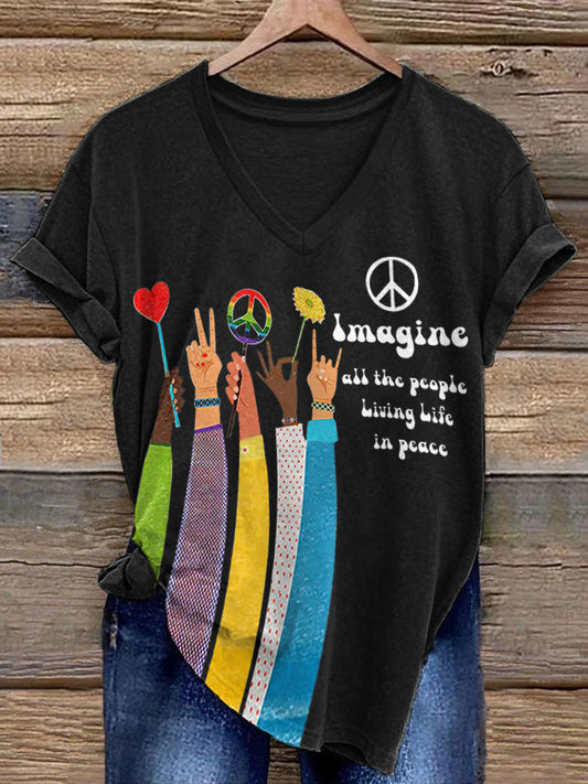 Women’s Retro Music Band Imagine All The People Living Life In Peace Printed T-shirt Black / S