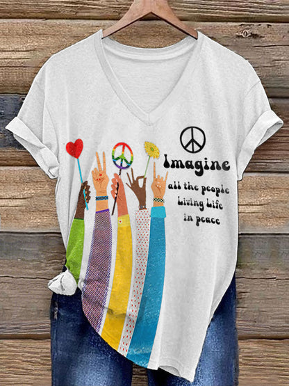 Women’s Retro Music Band Imagine All The People Living Life In Peace Printed T-shirt White / S