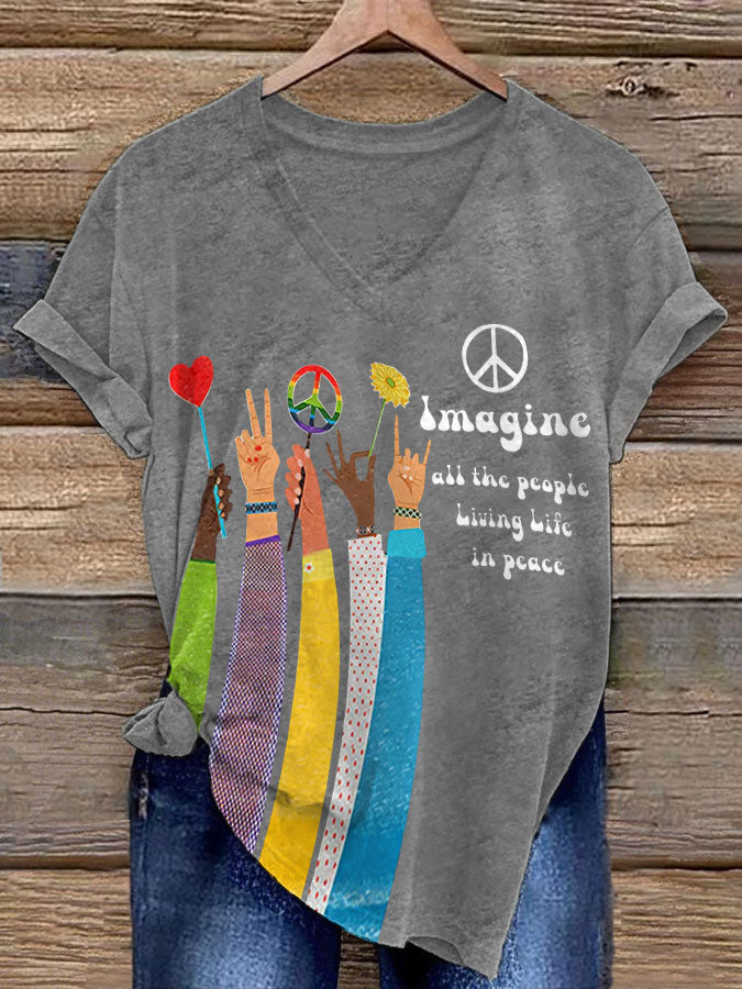 Women’s Retro Music Band Imagine All The People Living Life In Peace Printed T-shirt Light Gray / S