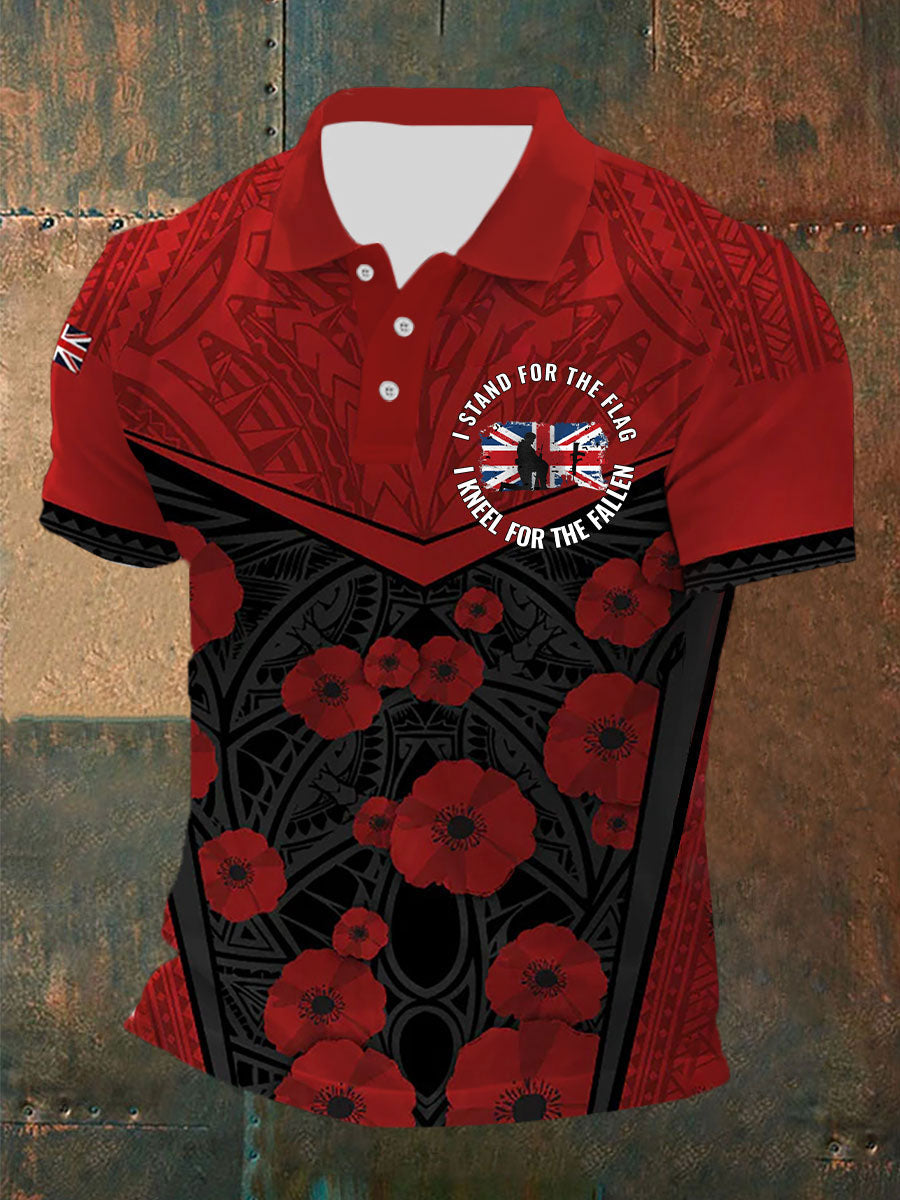 Men’s Kneel For The Fallen Printed Button T-Shirt Red / S