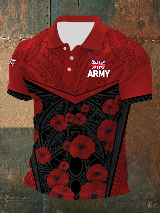 Men’s Honour Our Armed Forces Print Button T-Shirt Red / S