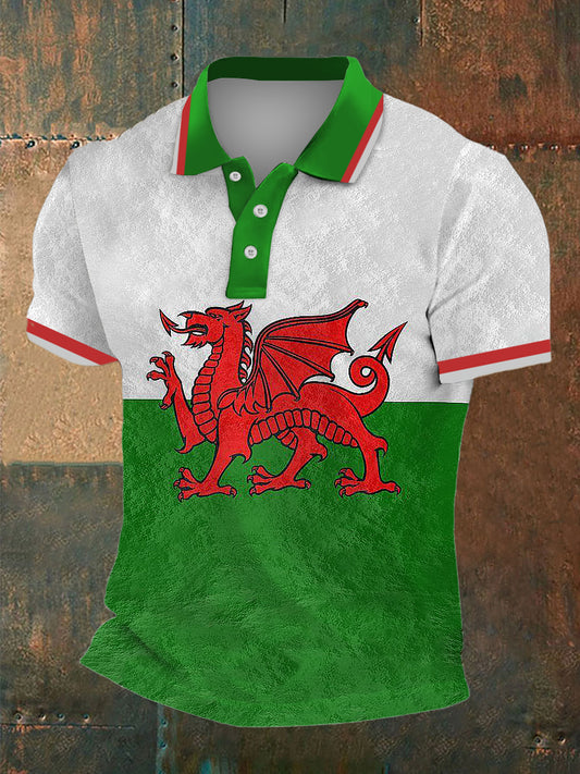 Men's Welsh Flag Print Polo Neck Plunger Short Sleeve T-Shirt