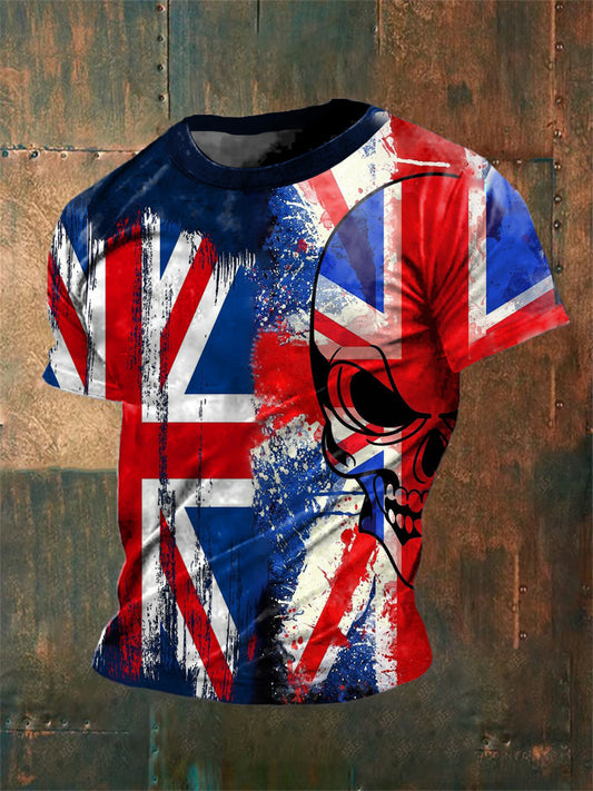 Unisex Vintage British Flag Skull Quilting Designs Abstract Print Casual Cotton Short Sleeve T-Shirt