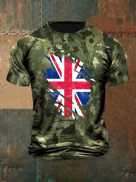 Unisex Vintage Veteran Camouflage British Flag Abstract Print Casual Cotton Short Sleeve T-Shirt