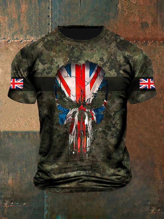 Unisex Vintage Veteran Camouflage Skull UK Abstract Print Casual Cotton Short Sleeve T-Shirt