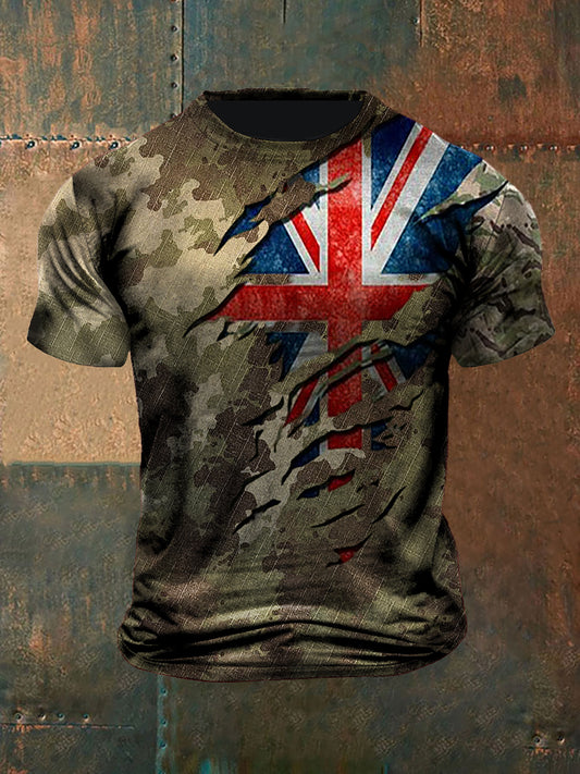 Unisex Vintage Veterans Camouflage British Flag Abstract Print Casual Cotton Short Sleeve T-Shirt