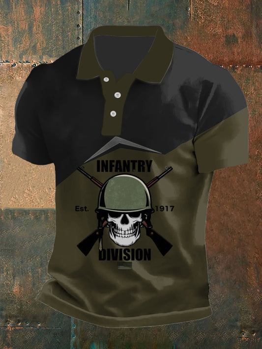 Men's  Vintage British Veteran War Skull Abstract Printed Casual Cotton Short Sleeve Polo Shirt