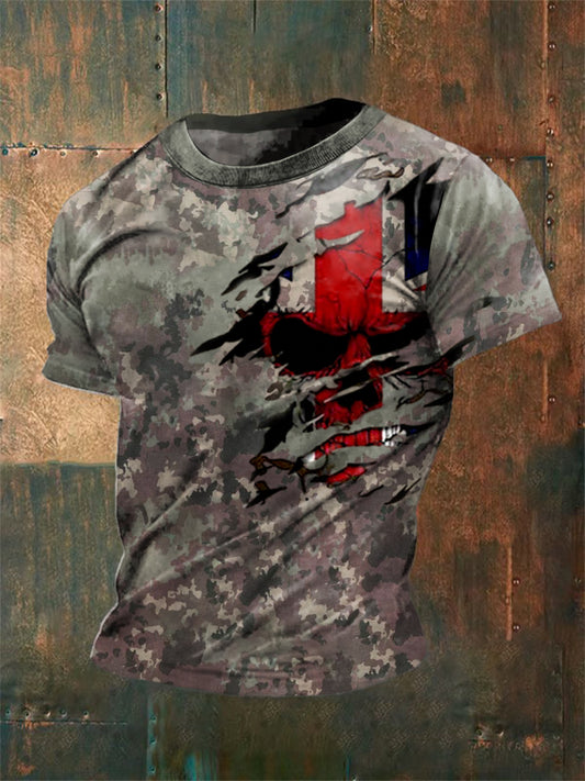Unisex Vintage Veteran Camouflage Skull UK Flag Abstract Print Casual Cotton Short Sleeve T-Shirt