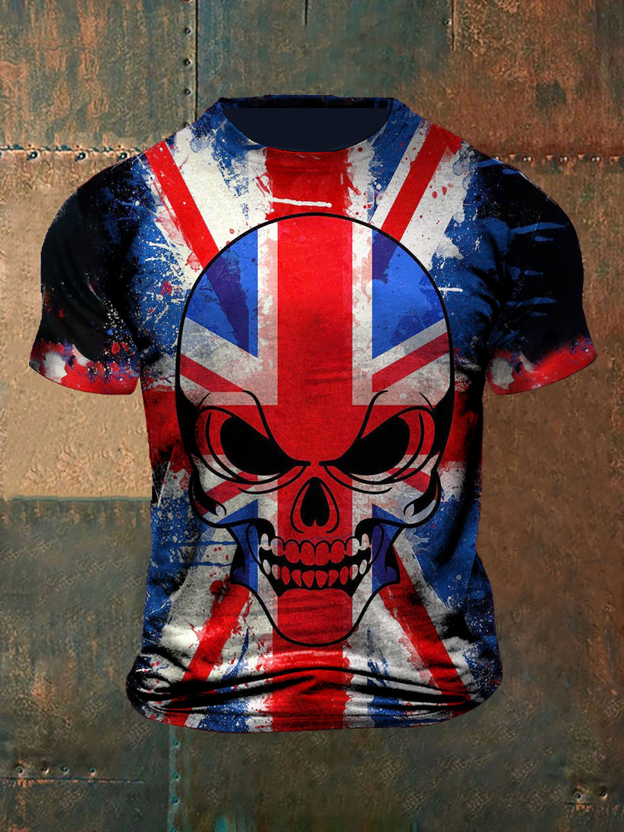 Unisex Vintage UK Flag Skull Graffiti Abstract Print Casual Cotton Short Sleeve T-Shirt