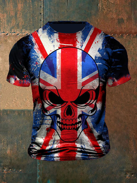Unisex Vintage UK Flag Skull Graffiti Abstract Print Casual Cotton Short Sleeve T-Shirt