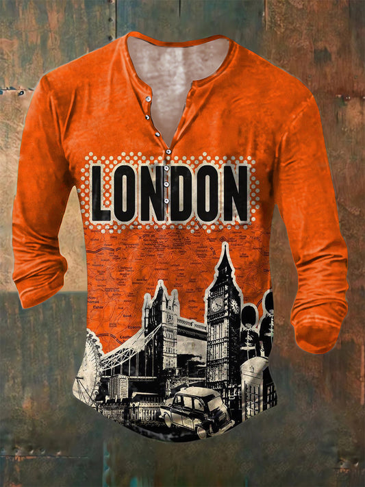 Men's Casual Vintage London Silhouette Print Button Down Long Sleeve Henley Shirt
