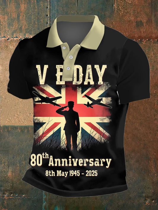 Men's VE DAY Print Polo Neck Plunger Short Sleeve T-Shirt