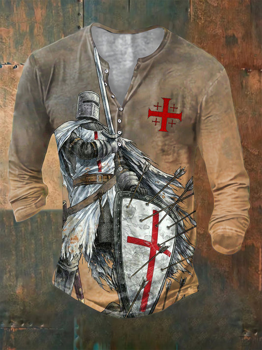Men's Casual Vintage The Crusader Print Button Down Long Sleeve Henley Shirt