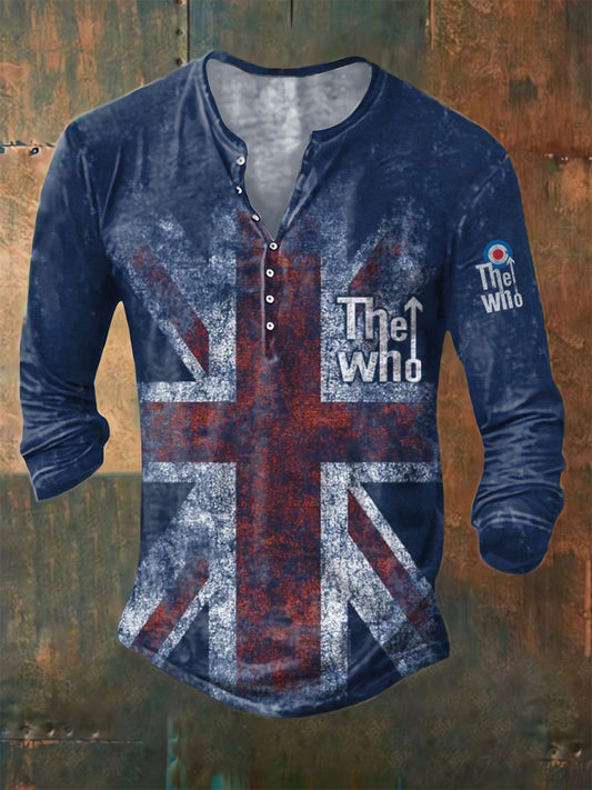 Men's Casual Vintage The Who Print Button Down Long Sleeve Henley Shirt