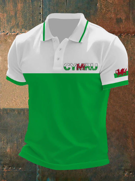 Men's Welsh Flag Printed Casual Button T-Shirt