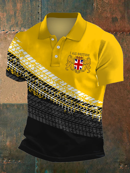Men's Indentation Print Polo Neck Plunger Short Sleeve T-Shirt