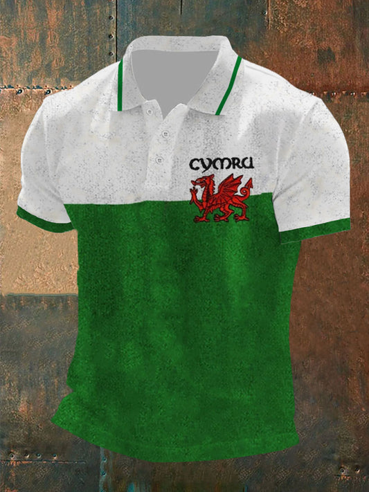 Men's Welsh Flag Printed Casual Button T-Shirt