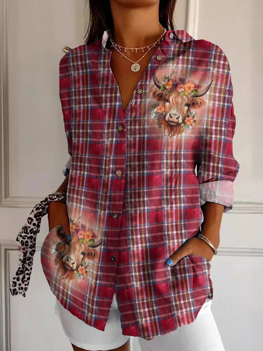 Women's Scottish Plaid Highland Cow Print Vintage Casual Long Sleeve Shirt