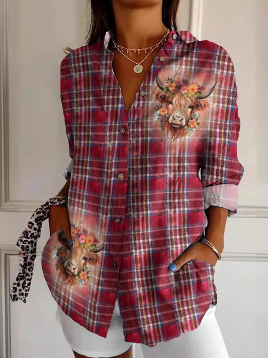 Women's Scottish Plaid Highland Cow Print Vintage Casual Long Sleeve Shirt