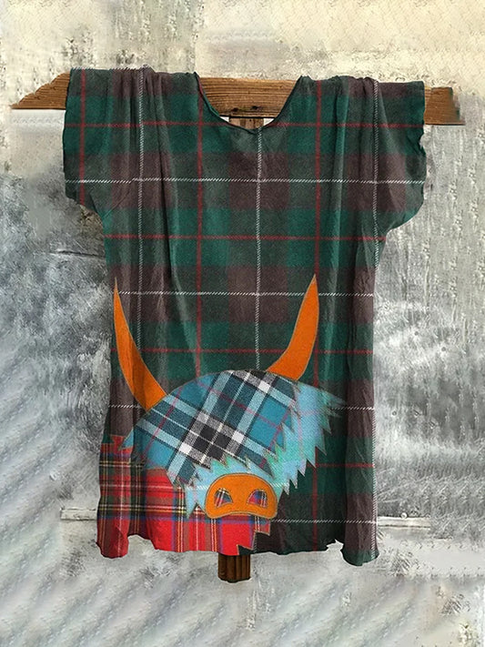 Women's Scottish Plaid Highland Cow Print Short Sleeve T-shirt