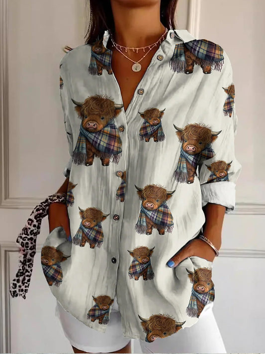 Women's Scottish Plaid Highland Cow Print Vintage Casual Long Sleeve Shirt