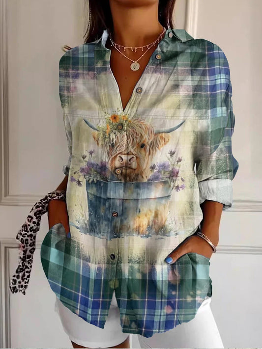 Women's Scottish Plaid Highland Cow Print Vintage Casual Long Sleeve Shirt
