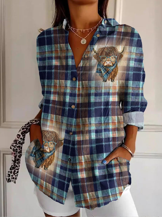 Women's Scottish Plaid Highland Cow Print Vintage Casual Long Sleeve Shirt