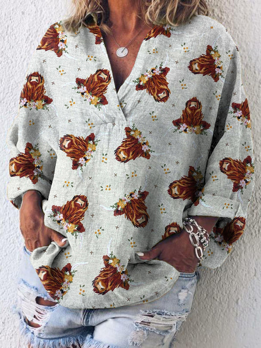 Women's Scottish Highland Cow Print Vintage Casual Long Sleeve Shirt