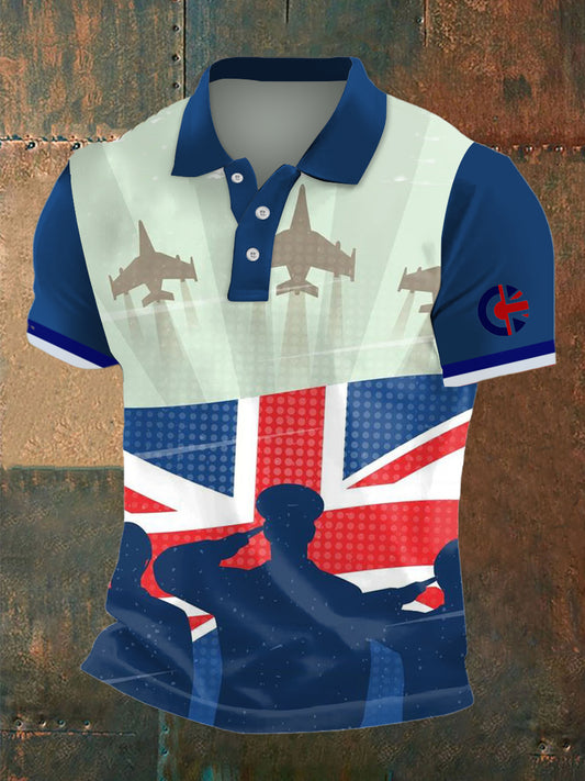 Men's British Fighter Jet Print Polo Neck Plunger Short Sleeve T-Shirt