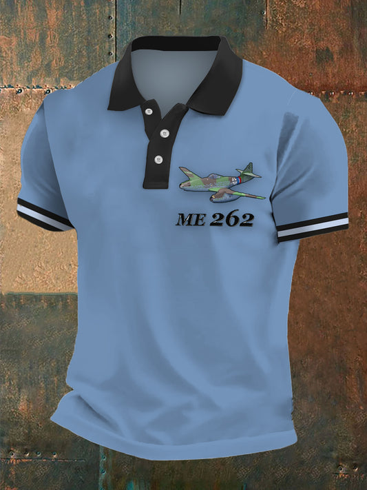 Men's Fighter Jet Print Polo Neck Plunger Short Sleeve T-Shirt