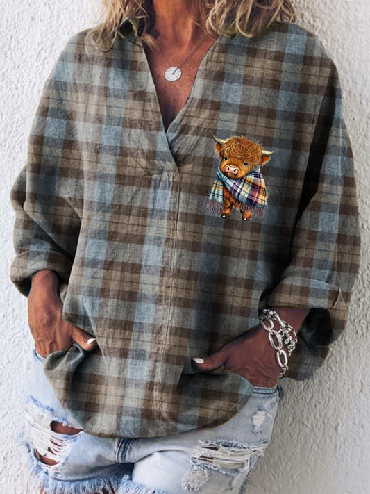 Women's Scottish Plaid Highland Cow Print Vintage Casual Long Sleeve Shirt