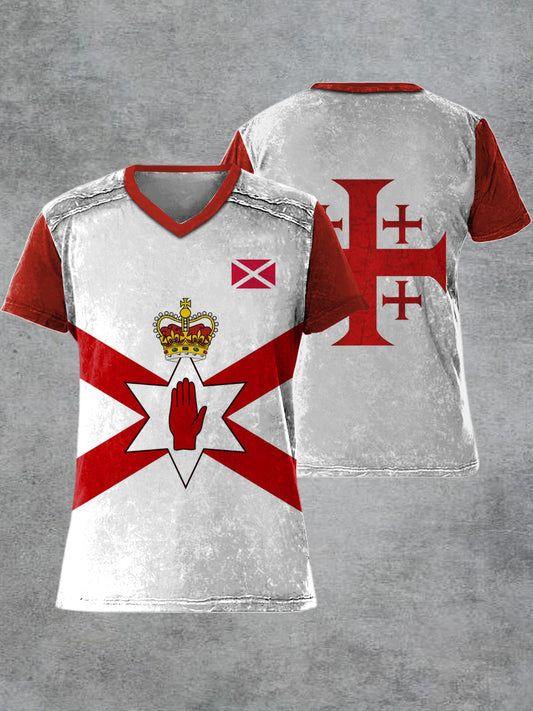 Men's Retro Northern Ireland Printed V-neck Short-Sleeved T-shirt