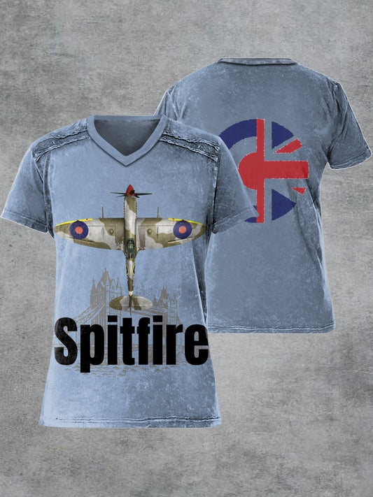 Men's Retro British Fighter Jet Printed V-neck Short-Sleeved T-shirt