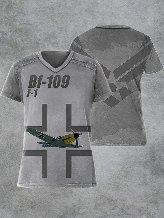 Men's Retro British Fighter Jet Printed V-neck Short-Sleeved T-shirt